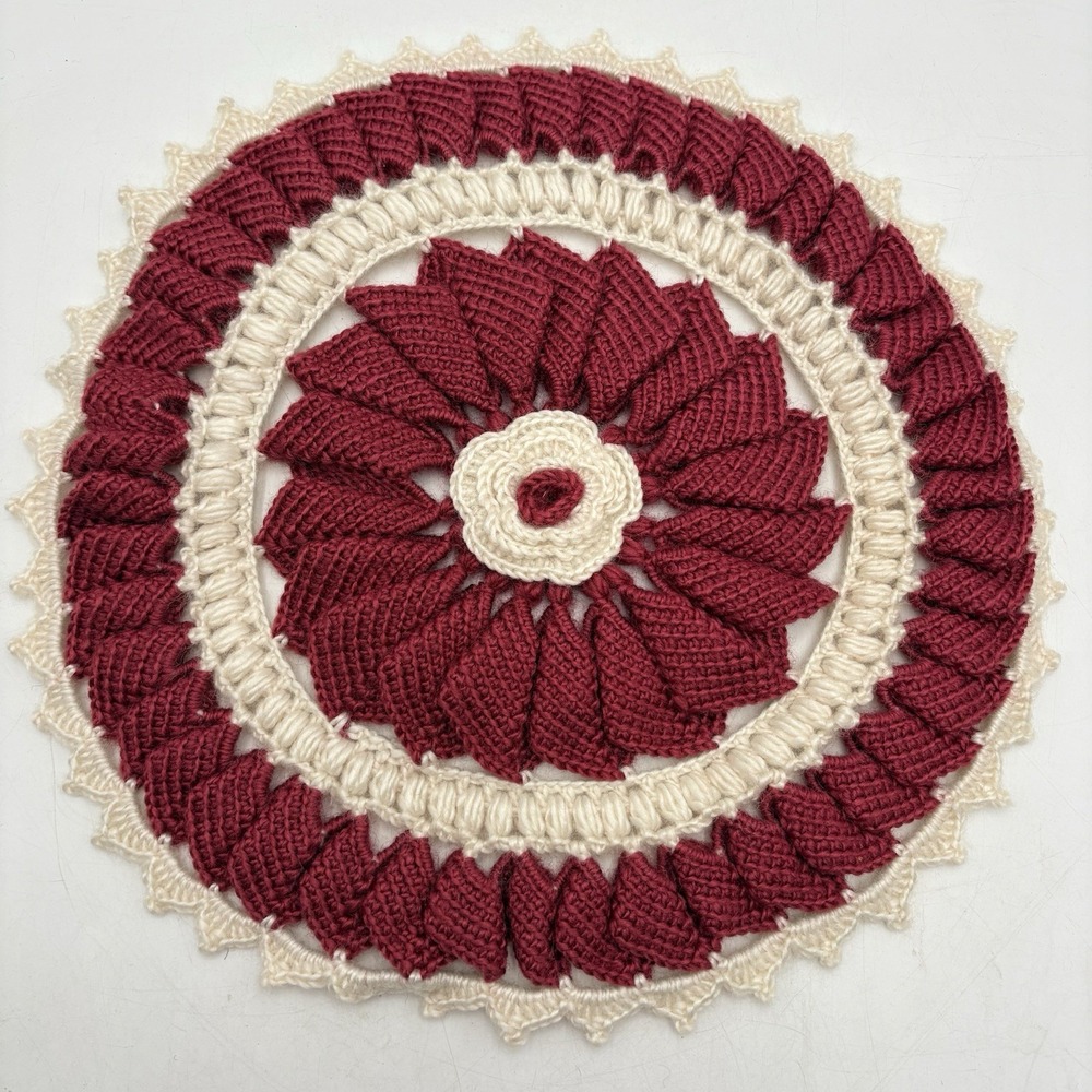 Vintage 13" Handmade Crochet Doily Hot Pad Trivet Burgundy Cream Floral Round
